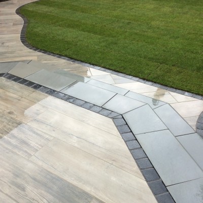 Symphony Vetrified Plank Paving with Black Setts and Bullnose Steps