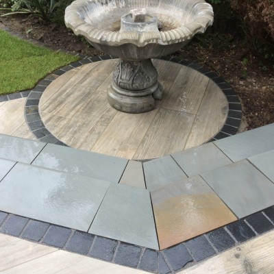 Symphony Vetrified Plank Paving with Black Setts and Bullnose Steps