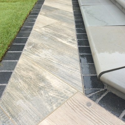 Symphony Vetrified Plank Paving with Black Setts and Bullnose Steps