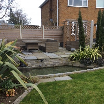 Planting, Turf, Large Water Feature with Pond and Paving