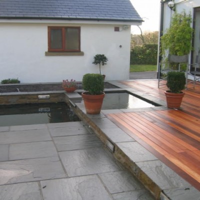 Cedar Wood Decking with 2-Tier Pond and Kandela Grey Paving