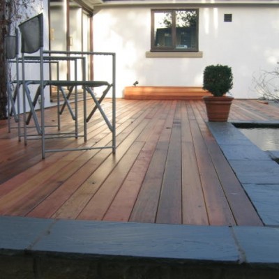 Cedar Wood Decking with 2-Tier Pond and Kandela Grey Paving